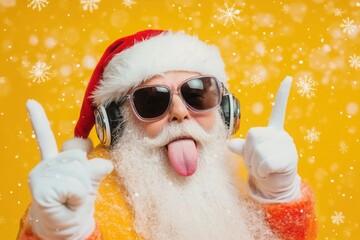 Close up photo of crazy funny hipster santa claus show horns sign tongue-out want rock-and-roll concert instead x-mas tradition celebration wear hat trendy suspenders isolated yellow color background