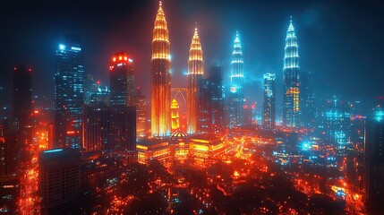Naklejka premium holographic information flow with a nighttime panorama of kuala lumpur s cityscape the biggest technology hub in malaysia asia is kl the notion of scientific programming double exposur