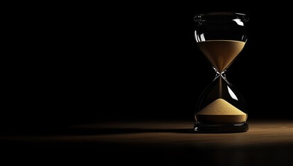 Hourglass with golden sand falling on black background symbolizing passing time