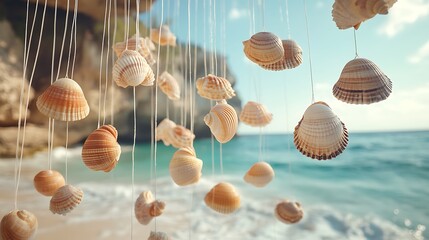 Bohemian-style hanging shells on strings swaying over a tranquil sandy coast