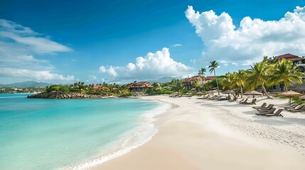 Fototapeta premium A beach with a clear blue ocean and a few palm trees