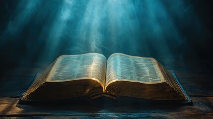 holy bible open book on wooden table in dark room with rays of light coming from above