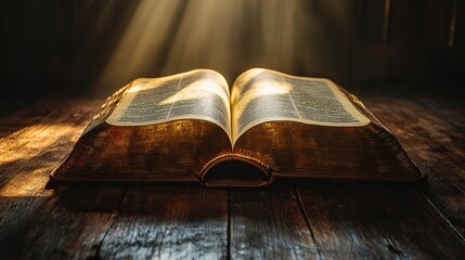 holy bible open book on wooden table in dark room with rays of light