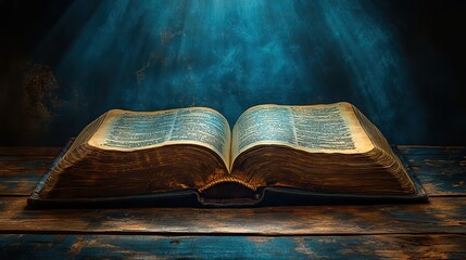 Obraz premium holy bible open book on wooden table in dark room with rays of light
