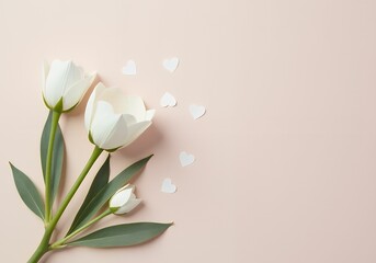 Fototapeta premium Top view photo of cute white eustomas green flower buds and leaves with white paper confetti in shape of hearts on the pastel turquoise isolate background blank space