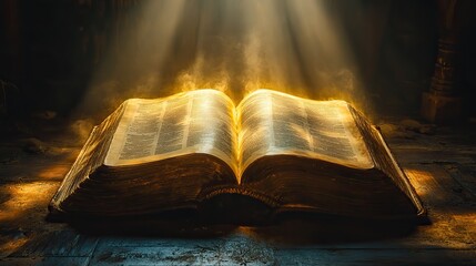 holy bible open book with rays of light coming out of the window in dark room