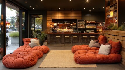 Coffee Shop Ambience. Cozy modern cafe interior with large orange cushioned seats, warm ambient lighting, perfect for casual meetups, remote work, relaxing evenings, featuring wood decor and large wi