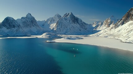 Obraz premium Aerial view of a pristine, snow-capped fjord in arctic Norway. Turquoise water reflecting the sunlight on snow-covered mountains. Tranquil winter landscape.