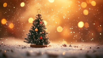 A festive Christmas tree adorned with ornaments and snow.