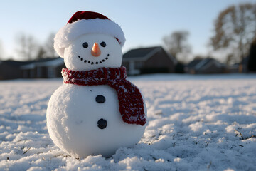 Obraz premium Snowman in a Snowy Yard with a Christmas Hat and Scarf - Cheerful Holiday Scene Full of Winter Spirit