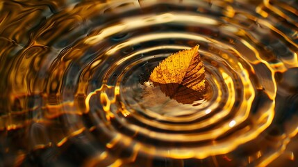 Shallow Pool Water Ripples and Autumn Leaf with Golden Reflections