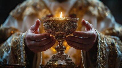holy communion hands holding a chalice of wine in his hands close up