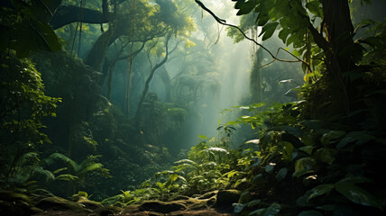 Lush Green Canopies in a Dense Forest, Vibrant Leaves and Natural Serenity, Perfect for Environmental Projects, Eco-Tourism Ads, Relaxation Themes, and Nature Conservation Campaigns