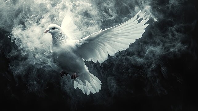 holy spirit dove in flames white dove flying in the sky with smoke and fire effect black and white
