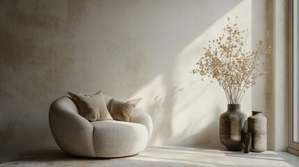 Serene Minimalist Interior Design: Beige Armchair, Dried Flowers, and Earthy Tones