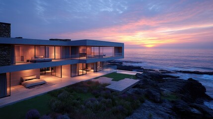 Fototapeta premium Modern seaside house with stunning sunset view over ocean waves