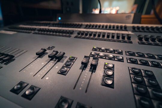 Close-Up of Professional Audio Mixing Console in Studio