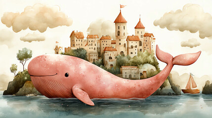 Pink whale on ocean with fairy tale castle, town and sailboat
