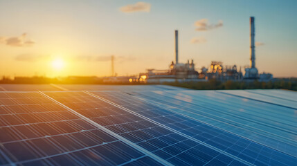 Solar panels installed next to a biofuel plant, representing a hybrid energy solution with renewable sources for sustainable power generation and eco-friendly technology