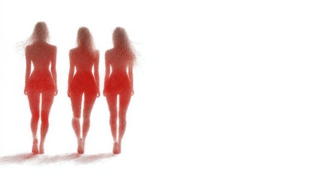 Three women walking away, red silhouette, minimalist style.
