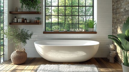 illustration of a modern white bathtub in a format stool wooden shelves and a plant in a flowerpot