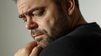 Obraz premium A Pensive Portrait: A Man Lost in Thought, Experiencing Melancholy and Introspection