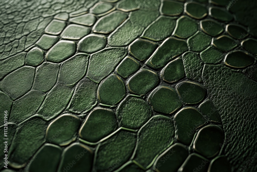 Poster A close-up of the surface texture of dark green reptile leather, highlighting its intricate pattern and natural appearance. The background is neutral to highlight the details of the snake skin pattern