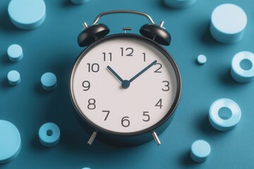 Classic Black Alarm Clock on Blue Background with Geometric Shapes