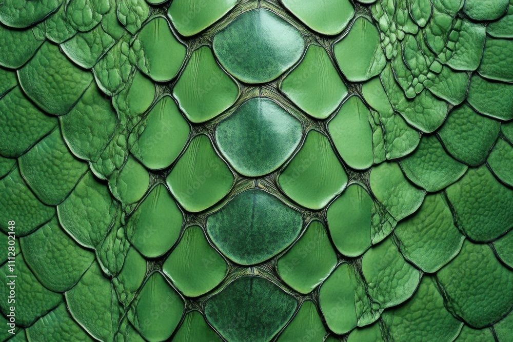 Poster Pattern of green snake scales made of leather, each scale has intricate details and textures. The colors are vibrant yet realistic, perfect for creating an elegant background.