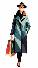 woman with hat shopping bags vector illustration