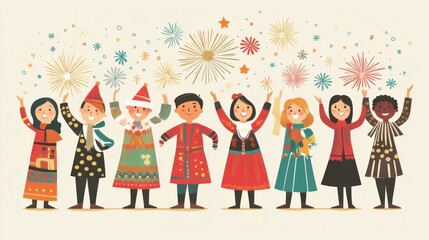 Celebratory Group of Festive Characters with Fireworks and Sparklers