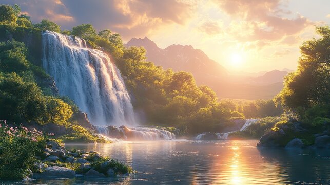 in the beginning god created the heavens and the earth genesis 1 1 landscape with a waterfall and a sun in the sky