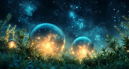 Enchanted Cosmic Garden Under a Starry Night Sky: A Dreamlike Landscape of Glowing Plants and Celestial Orbs