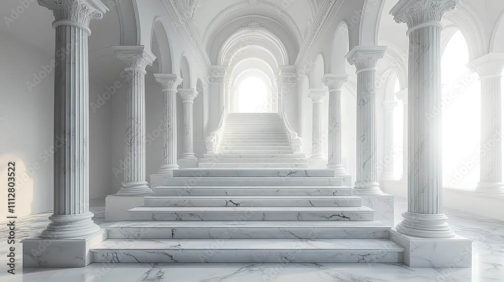Poster interior marble stairs with pillars and columns in a palace castle or theater set against a white ba
