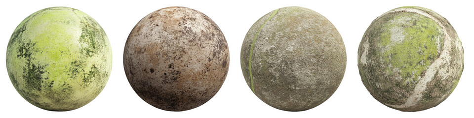Dirty tennis ball isolated on transparent background, Set of