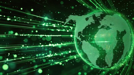 Obraz premium Digital Green Globe with Light Trails and Data Visualization Effects