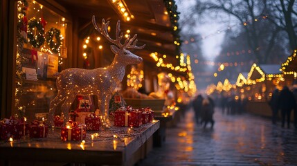 Fototapeta premium A sparkling reindeer adorns a festive market, illuminated by warm lights, with holiday gifts and decorations creating a cozy, magical atmosphere.