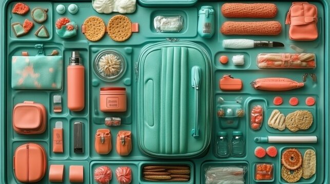 Luggage Packing Tips. Travel essentials flat lay with suitcase and accessories, packing organization, vacation preparation, summer holiday, colorful contrast background, travel planning, lifestyle im