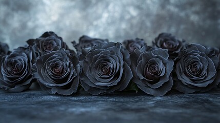 A row of dark, moody roses against a textured backdrop, creating an elegant yet mysterious atmosphere.