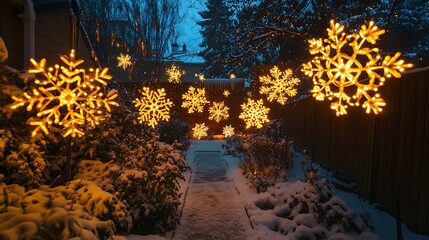Backyard decorated with glowing snowflake lights
