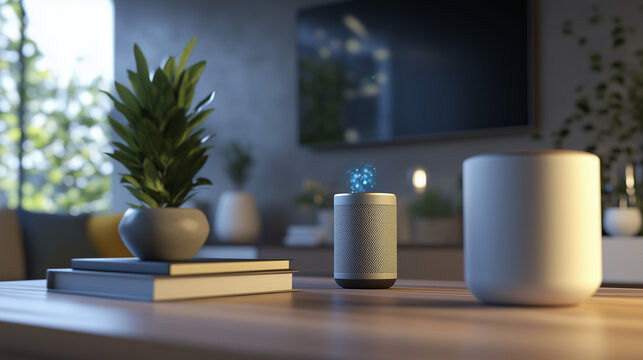 A futuristic smart speaker interacting in a tech-savvy home environment