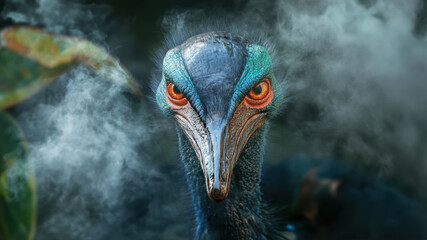 Enraged Cassowary Emerges From the Mist With Fierce Intensity in a Surreal Landscape