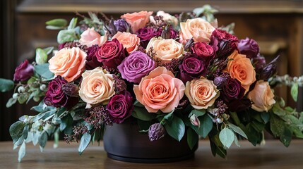 Obraz premium A vibrant arrangement of mixed roses in shades of pink, peach, and purple, beautifully displayed in a dark vase, set against a rustic wooden background.