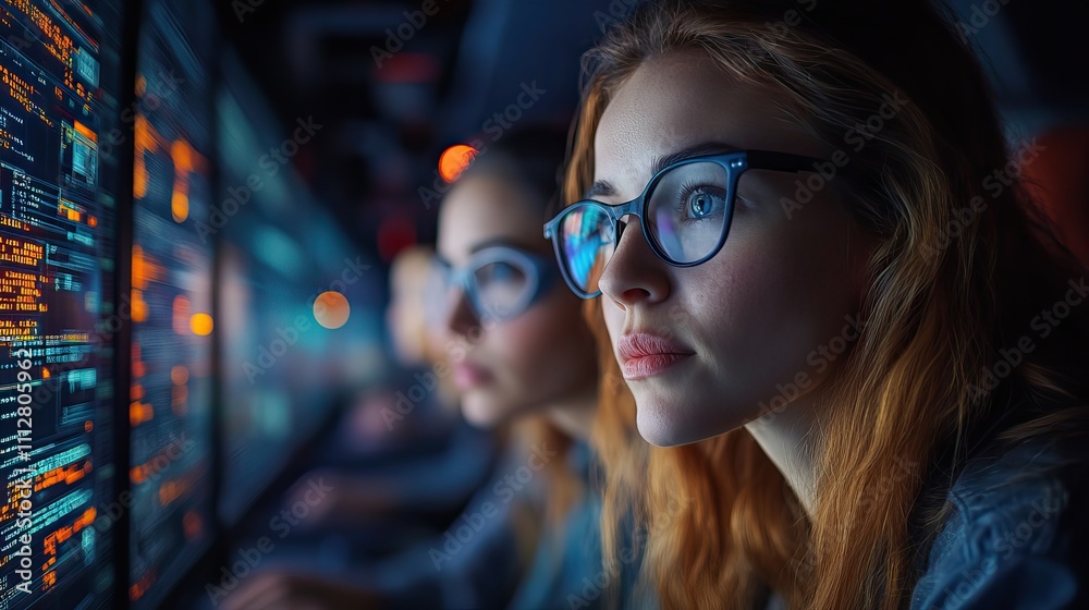 Aufkleber it professionals examining data across several screens it specialists bokeh side vie
