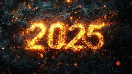 Bright Flames Create Fiery Number 2025 on Dark Textured Background