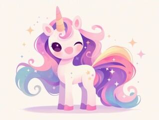 Naklejka premium A cute, colorful unicorn with a playful expression and sparkling details.