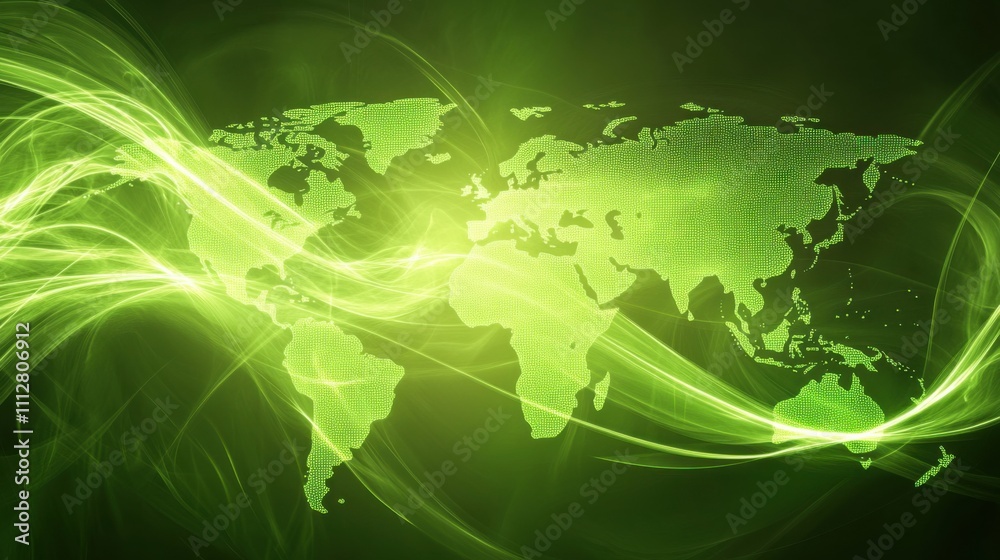 Wall mural green abstract world map with flowing light patterns and effects