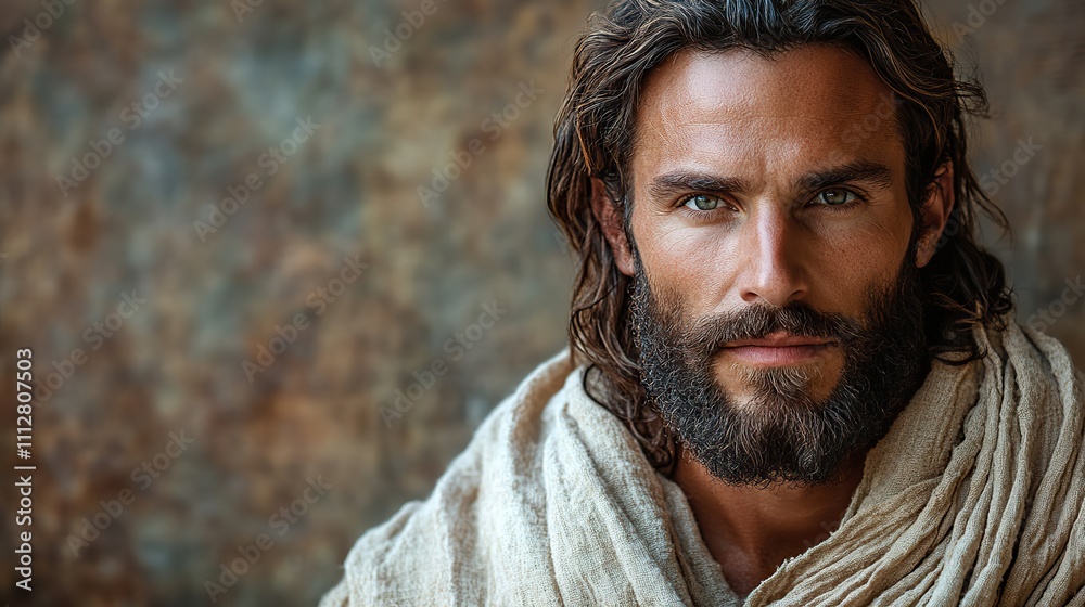 Poster jesus christ in front of an old wall with copy space for text