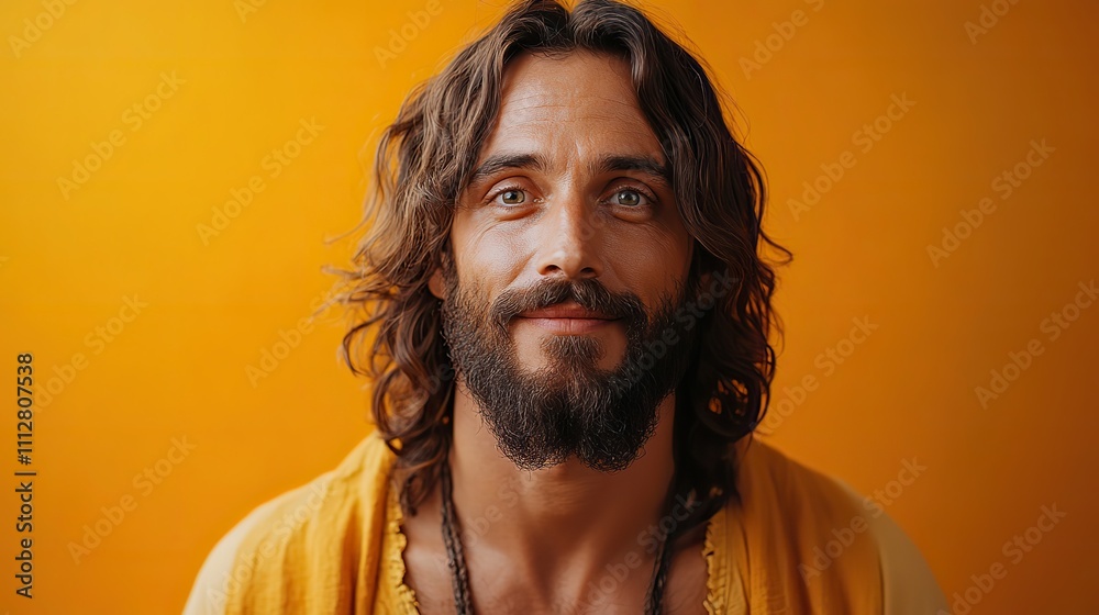Poster jesus christ in front of an orange background with space for your text