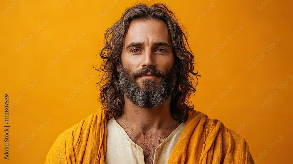 Poster jesus christ in front of an orange background with space for your text